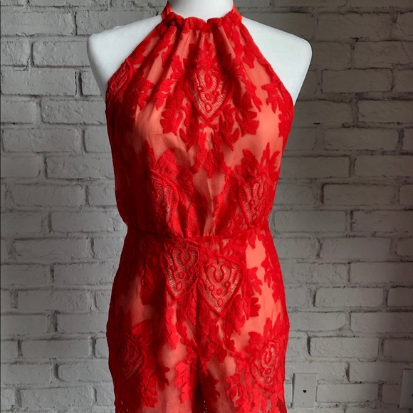 Aqua Floral Lace Coral Orange Halter Shorts Romper - Picture 3 of 8